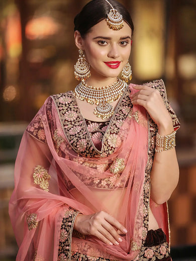 Maroon Embroidered Pure Velvet Bridal Wedding Lehenga Choli for Women
